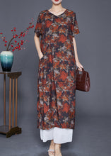 Load image into Gallery viewer, French Red Floral Patchwork Linen Straight Dress Summer