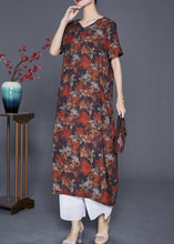 Load image into Gallery viewer, French Red Floral Patchwork Linen Straight Dress Summer