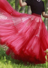 Load image into Gallery viewer, French Red Handmade Zircon Wrinkled Patchwork Tulle Skirt Spring