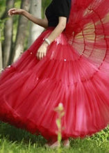 Load image into Gallery viewer, French Red Handmade Zircon Wrinkled Patchwork Tulle Skirt Spring