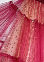 Load image into Gallery viewer, French Red Handmade Zircon Wrinkled Patchwork Tulle Skirt Spring