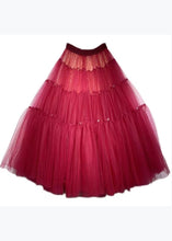 Load image into Gallery viewer, French Red Handmade Zircon Wrinkled Patchwork Tulle Skirt Spring