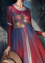 Load image into Gallery viewer, French Red O Neck Print Patchwork Cotton Maxi Dresses Long Sleeve