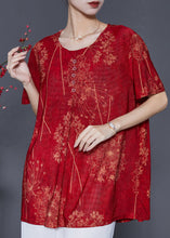 Load image into Gallery viewer, French Red Oversized Print Silk Shirt Top Summer