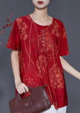 Load image into Gallery viewer, French Red Oversized Print Silk Shirt Top Summer