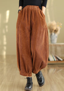 French Red Pockets Elastic Waist Corduroy Crop Pants Fall