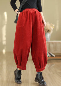 French Red Pockets Elastic Waist Corduroy Crop Pants Fall