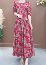 Load image into Gallery viewer, French Red Print Tie Waist Pockets Cotton Long Dress Spring