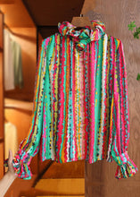 Load image into Gallery viewer, French Red Striped Ruffled Patchwork Silk Blouse Spring