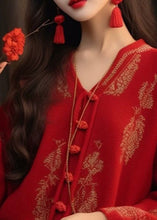 Load image into Gallery viewer, French Red V Neck Button Knit Top Long Sleeve