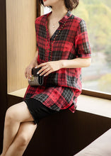 Load image into Gallery viewer, French Red V Neck Plaid Rivet Patchwork Cotton Shirts Summer