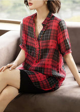 Load image into Gallery viewer, French Red V Neck Plaid Rivet Patchwork Cotton Shirts Summer