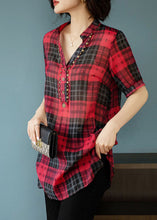 Load image into Gallery viewer, French Red V Neck Plaid Rivet Patchwork Cotton Shirts Summer