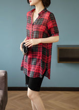 Load image into Gallery viewer, French Red V Neck Plaid Rivet Patchwork Cotton Shirts Summer