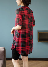 Load image into Gallery viewer, French Red V Neck Plaid Rivet Patchwork Cotton Shirts Summer