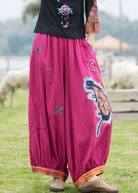 French Rose Embroidered Floral Linen Harem Pants