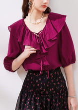 Load image into Gallery viewer, French Rose Ruffled Lace Up Silk Shirts Half Sleeve