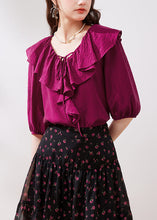 Load image into Gallery viewer, French Rose Ruffled Lace Up Silk Shirts Half Sleeve