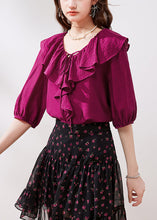 Load image into Gallery viewer, French Rose Ruffled Lace Up Silk Shirts Half Sleeve