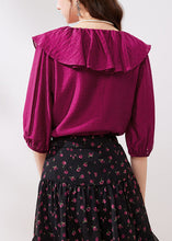 Load image into Gallery viewer, French Rose Ruffled Lace Up Silk Shirts Half Sleeve