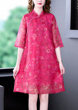 Load image into Gallery viewer, French Rose Stand Collar Print Silk Dress Half Sleeve