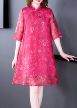 Load image into Gallery viewer, French Rose Stand Collar Print Silk Dress Half Sleeve