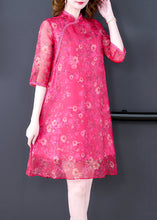 Load image into Gallery viewer, French Rose Stand Collar Print Silk Dress Half Sleeve