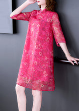 Load image into Gallery viewer, French Rose Stand Collar Print Silk Dress Half Sleeve