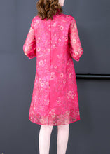 Load image into Gallery viewer, French Rose Stand Collar Print Silk Dress Half Sleeve