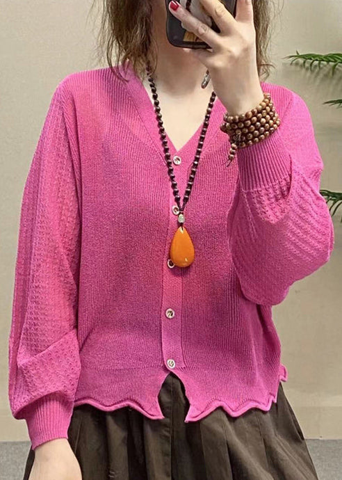 French Rose V Neck Button Ice Silk Knit Top Long Sleeve