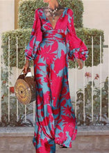 Load image into Gallery viewer, French Rose V Neck Print Cotton Long Dresses Long Sleeve