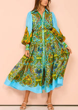 Load image into Gallery viewer, French Sky Blue Print Tie Waist Linen Shirts Dress Long Sleeve