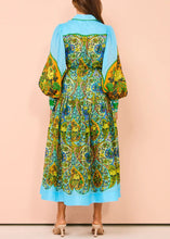 Load image into Gallery viewer, French Sky Blue Print Tie Waist Linen Shirts Dress Long Sleeve