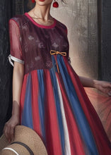 Load image into Gallery viewer, French Striped O Neck Patchwork Silk Dress Summer