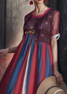 French Striped O Neck Patchwork Silk Dress Summer