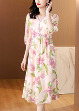 Load image into Gallery viewer, French V Neck Print Silk Dresses Lantern Sleeve