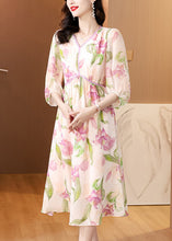 Load image into Gallery viewer, French V Neck Print Silk Dresses Lantern Sleeve