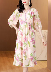 French V Neck Print Silk Dresses Lantern Sleeve