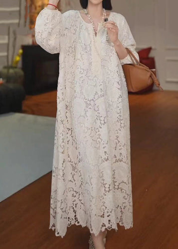 French Versatile Beige Hollow Out Lace Long Dress Summer