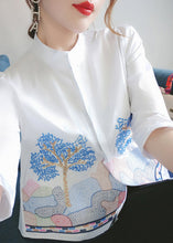 Load image into Gallery viewer, French White Embroidered Button Cotton Shirts Bracelet Sleeve