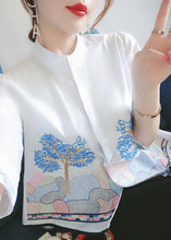 Load image into Gallery viewer, French White Embroidered Button Cotton Shirts Bracelet Sleeve