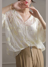 Load image into Gallery viewer, French White Embroidered Lace Up Silk Shirt Bracelet Sleeve