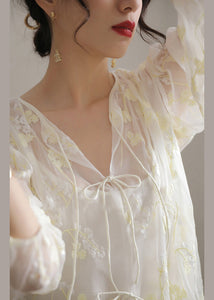 French White Embroidered Lace Up Silk Shirt Bracelet Sleeve