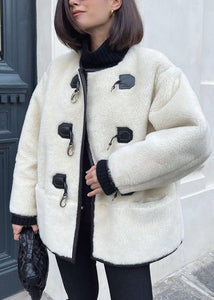 French White O Neck Patchwork Faux Fur Jacket Fall