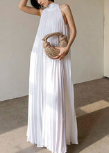 Load image into Gallery viewer, French White Pleated Hanging Neck Off Shoulder Long Dress Summer