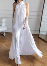 Load image into Gallery viewer, French White Pleated Hanging Neck Off Shoulder Long Dress Summer