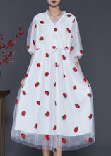 Load image into Gallery viewer, French White Strawberry Print Tulle Vacation Dresses Summer