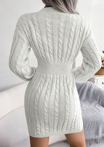 French White V Neck Slim Fit Knit Sweater Dress Fall