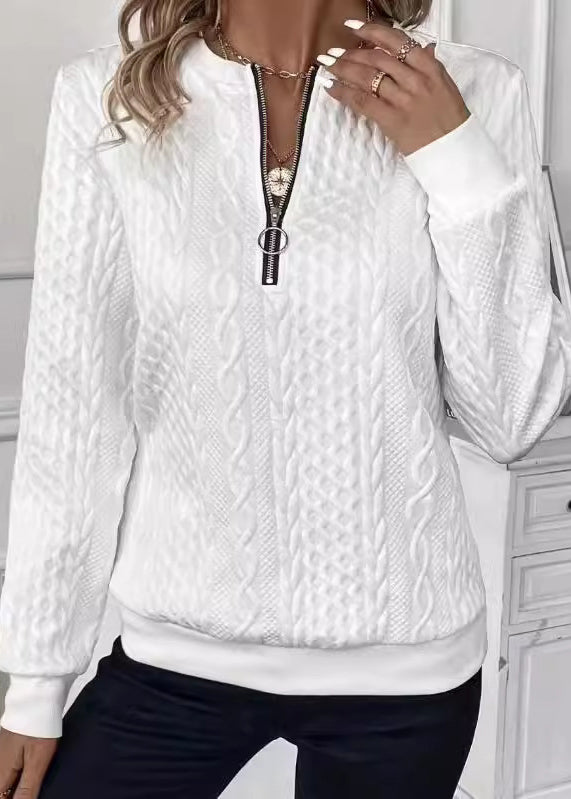 French White Zip Up Patchwork Cotton Pullover Sweatshirt Top Fall