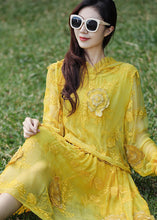 Load image into Gallery viewer, French Yellow Embroidered Patchwork Silk Hooded Dresses Summer